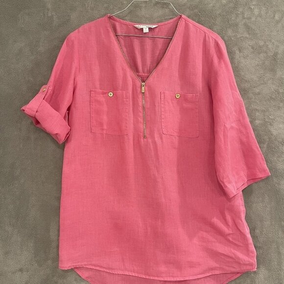 Company Ellen Tracy Shirt Womens Medium Linen Zip Front Pockets Blouse Top - Picture 16 of 16
